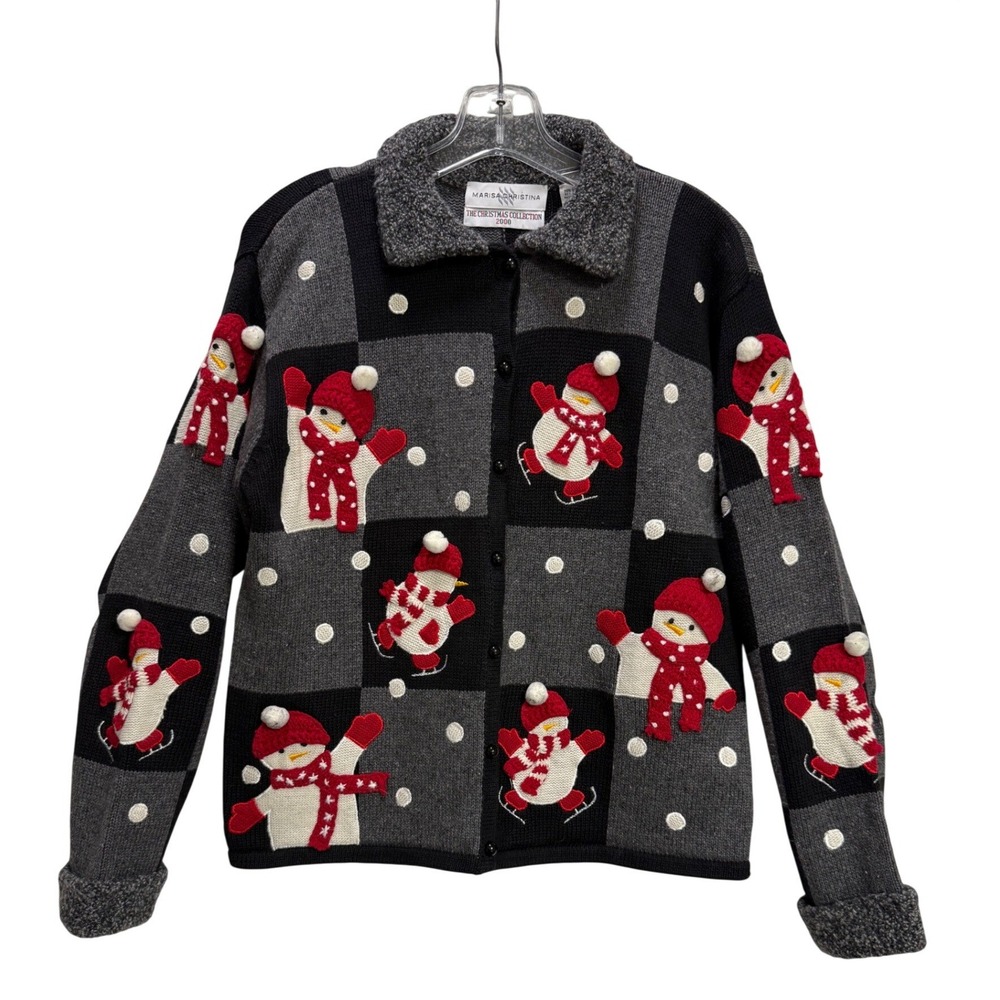 VTG 2000 Collectible Marisa Christina Cardigan Black 3D Snowman Checkered Large